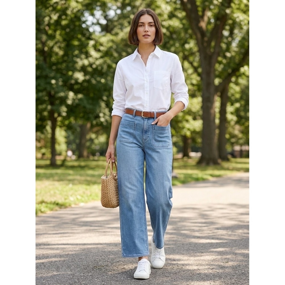 Quince Organic Cotton Stretch High Rise Patch Pocket Wide Leg Jeans 28 Blue